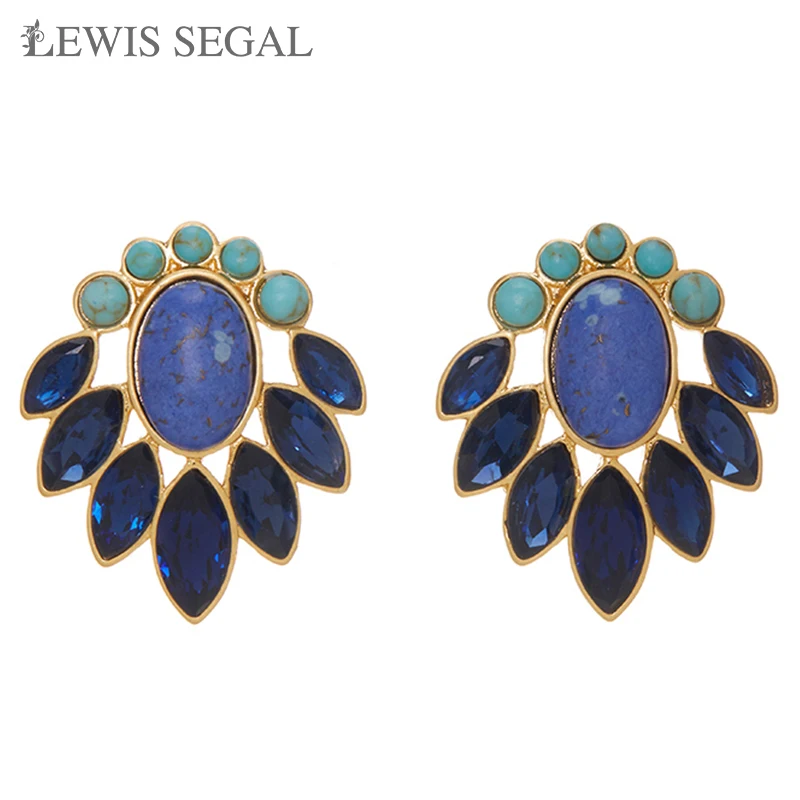 

LEWIS SEGAL Vintage Leaf-shaped Stud Earrings Blue-green Gemstone for Women Luxury Ring Medieval Style Fine Jewelry 18K Gold