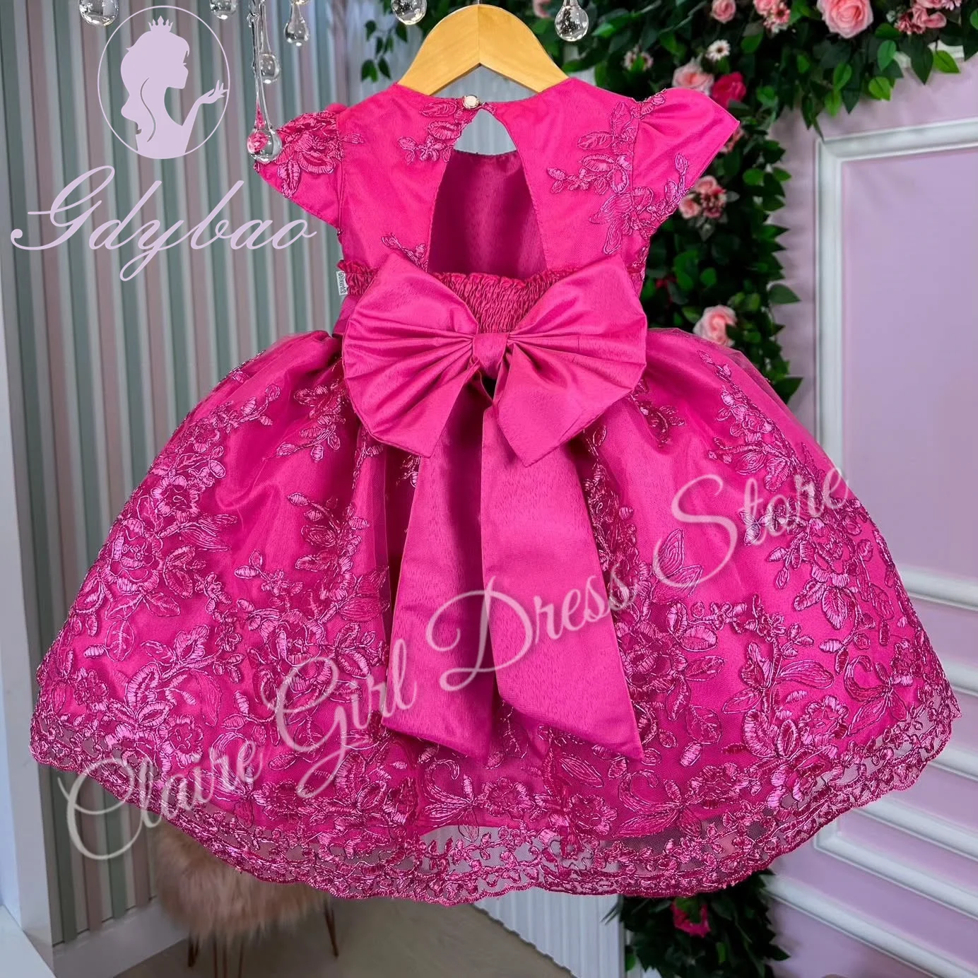 Maßgeschneiderte rosa Blumenmädchenkleider für die Hochzeit, goldene Applikationen, Perlen, Schmetterlinge, Kindergeburtstagsfeier, Erstkommunion, Ballkleid