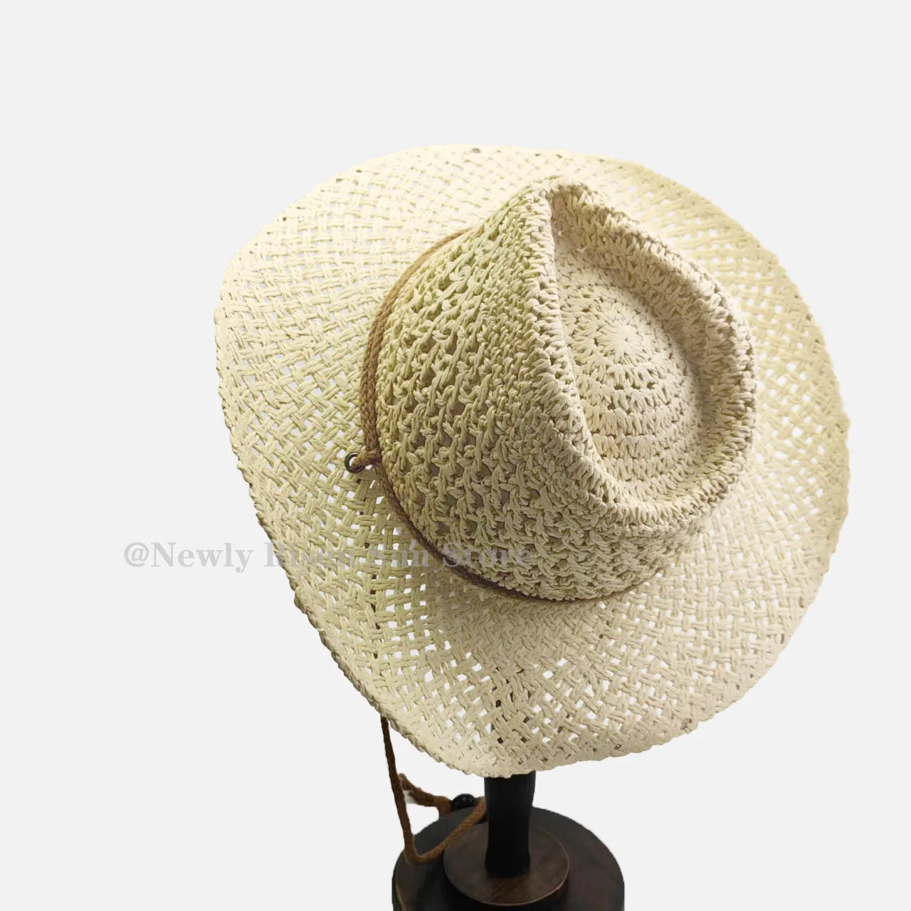 

New Hollow Woven Straw Cowboy Hat / Drawstring Adjustable Breathable Straw Hat for Beach Vacation