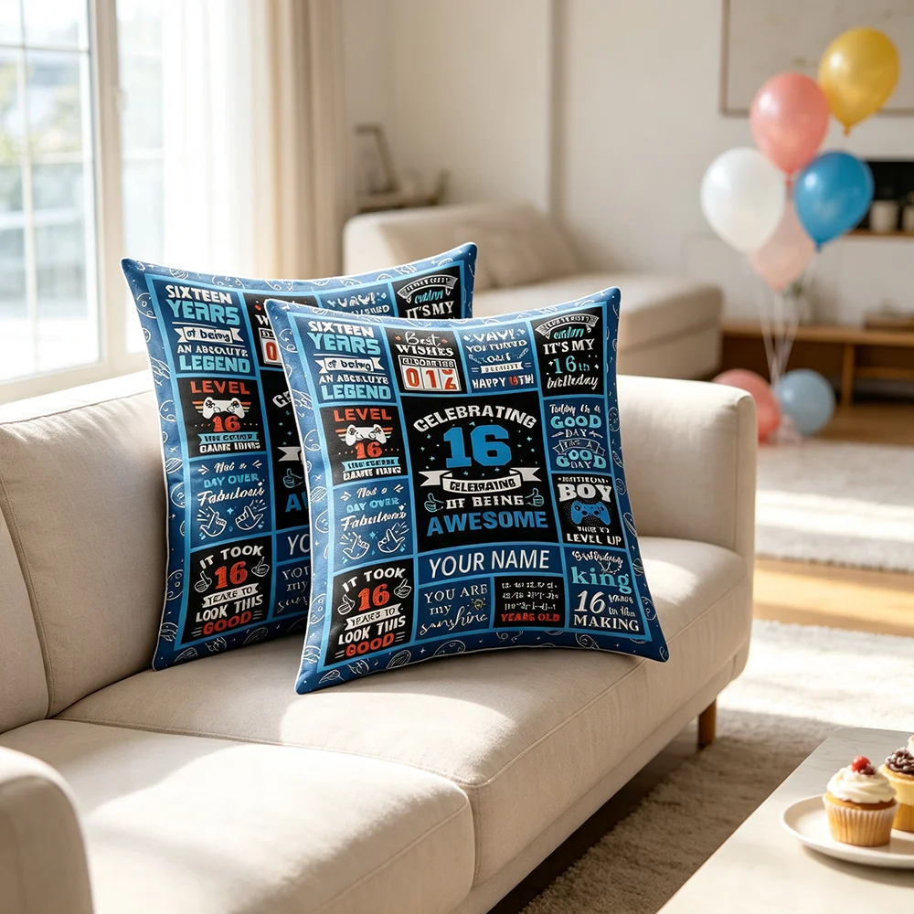 1PC Personalized 16th Birthday Pillow Cover Custom Name Blue Gingham Game Level Up Cushion Case Boys Bedroom Party Decor Gift