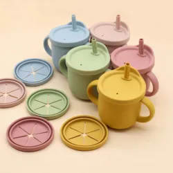 Food grade silicone straw cup, snack cup with grinding rod, double handle cup