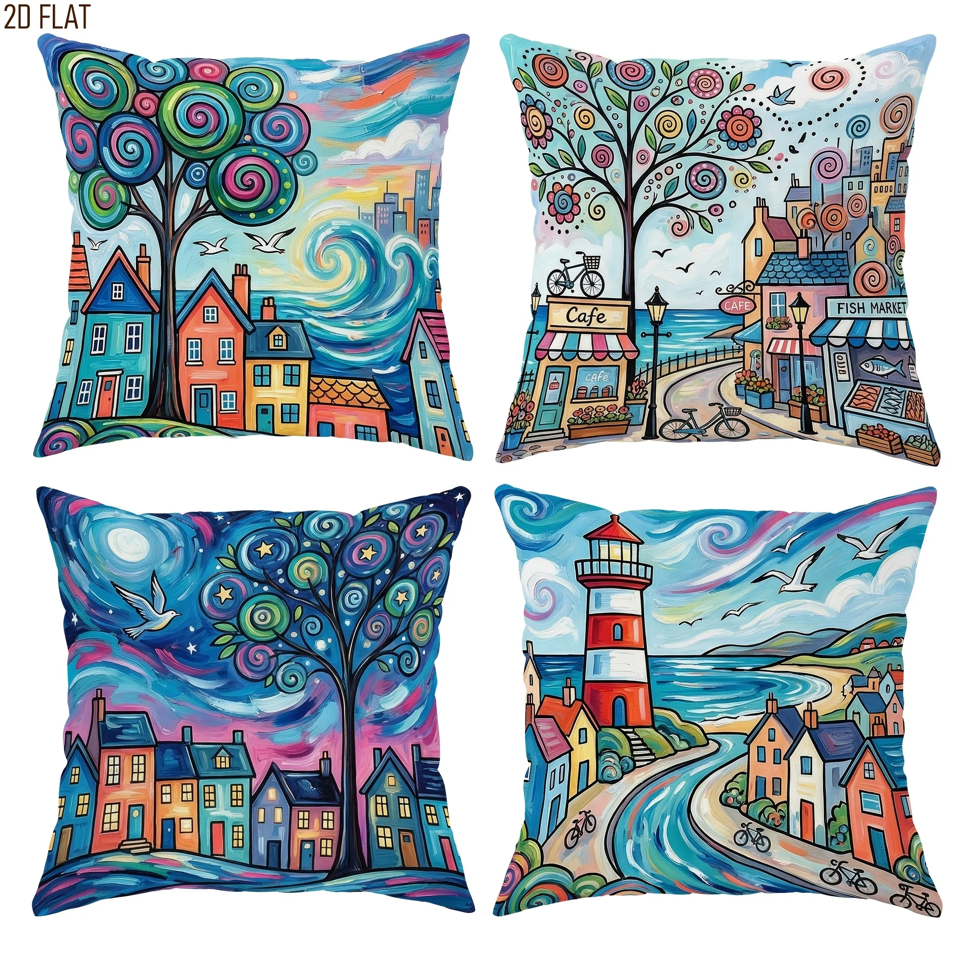 Watercolor Throw Pillow Cover Set Whimsical European Coastal Village Art Pillowcase Decorative Home Decor Cushion 45x45cm
