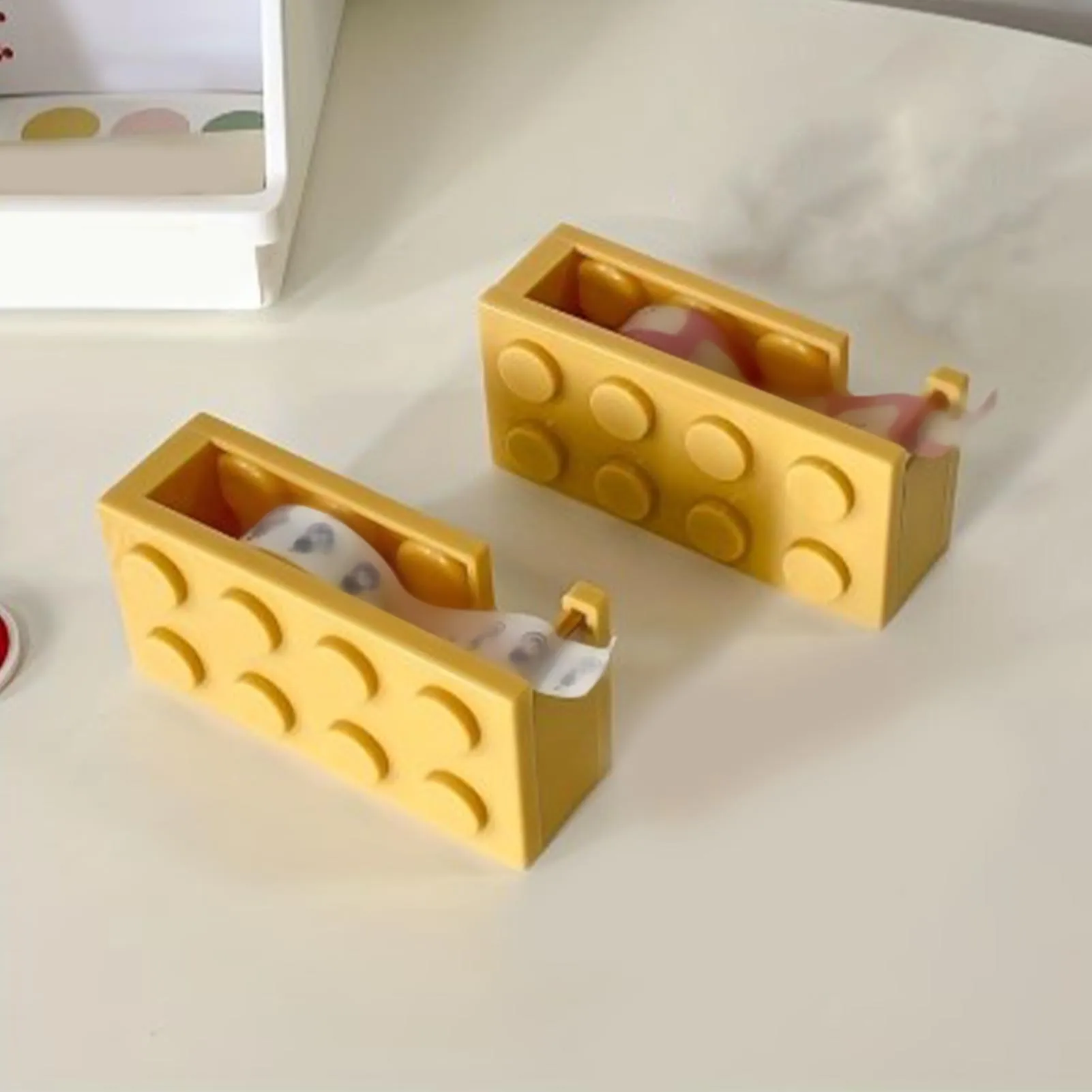 Tape Dispenser Cute Building Block Shape Easy Cutting Desk Tape Holder for School Office Study Room Yellow