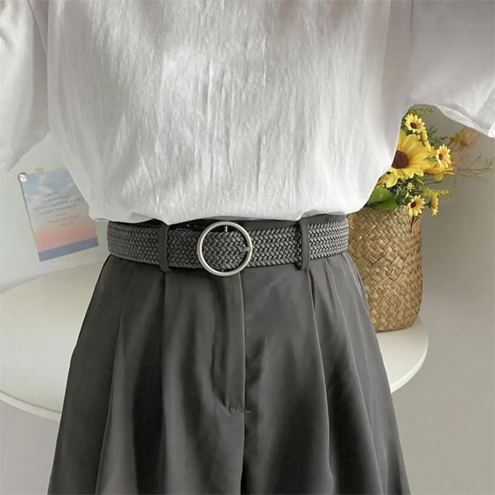 

Unisex Braided Belt Adjustable Canvas Woven Belt with Round Square Buckle for Unisex Dress Shirt Waist Strap No Holes Thin