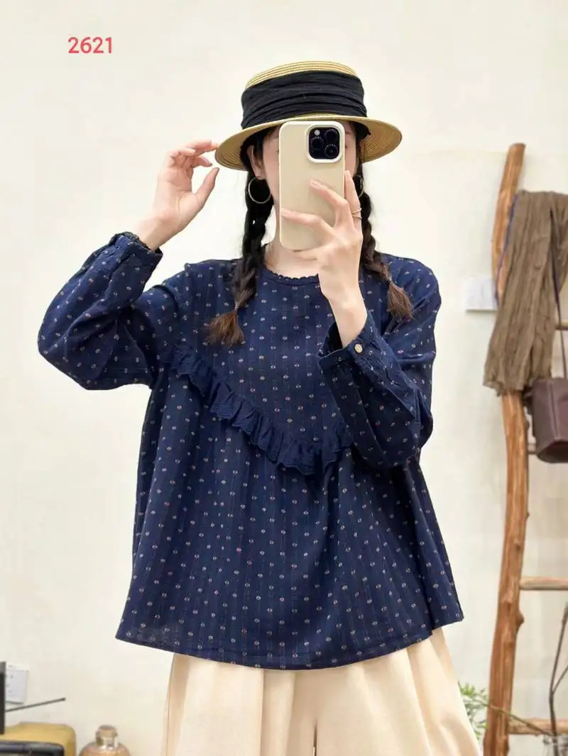 Chemise à manches longues en coton pour femmes, chemisier ample à volants, imprimé à pois, Style Preppy Mori Girl, nouvelle collection automne 2025 T5O551CC