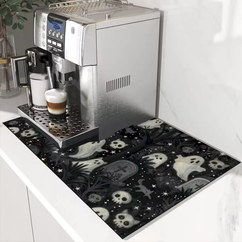 VIKAMA Spooky Halloween Ghost Quick Dry Absorbent Non Slip Washable Kitchen Counter Drying Mat Dish Drying Pad