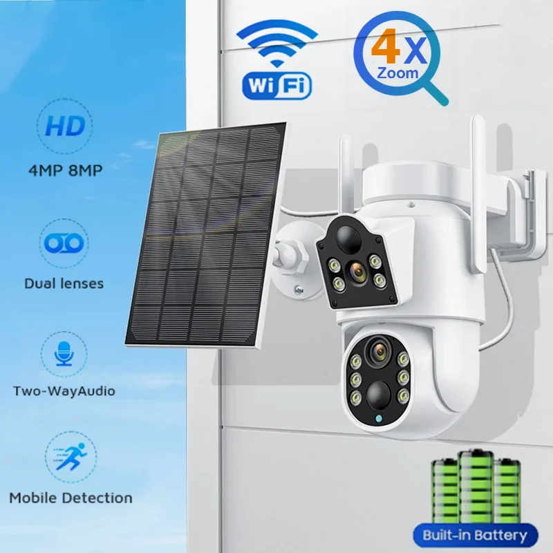 4MP Wifi Solar Camera PTZ Outdoor Dual Screen Night Vision 1080P IP Camera Solar Panel 7800mAh Battery Recharge iCSee App Solar