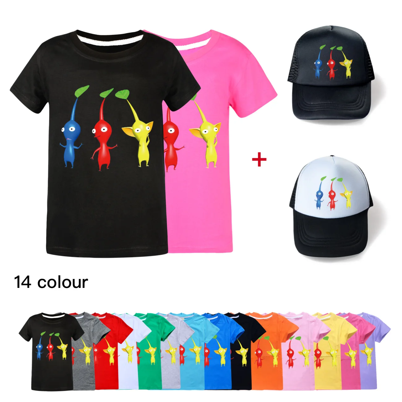 Game Pikmin T Shirt Kids Casual Clothes Toddler Girls Pure Cotton T-shirt & Sunhat 2pcs Suit Baby Boys Long Sleeve Tops