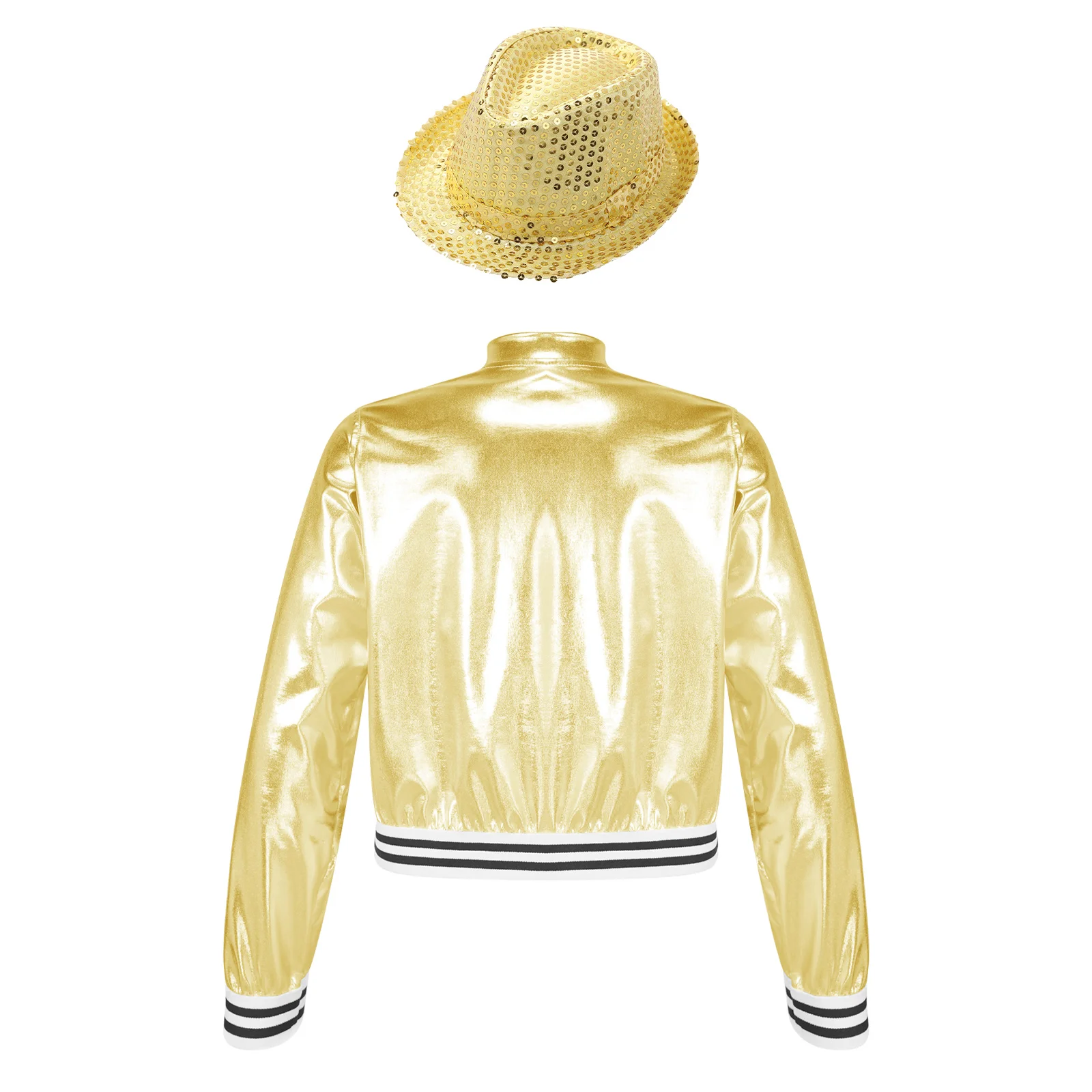 Kids Girls Metallic Bomber Jacket Coat Long Sleeve Zip Up Jazz Dance Top with Sequin Hat Disco Party Costume Children's Day