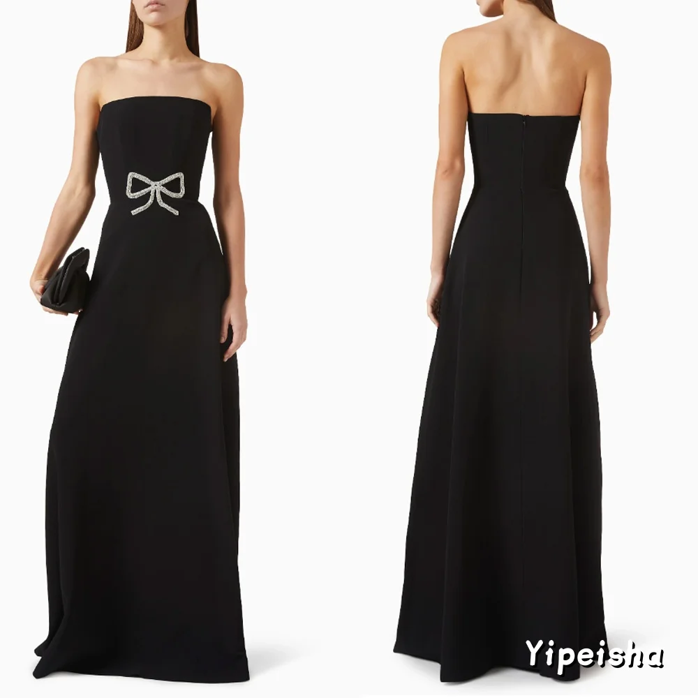 Op maat gemaakte Sparkle Jersey Plooi Strik Strass Galajurk A-lijn Mouwloze Lange Avondjurken Op maat gemaakte Gelegenheidsjurken Casual