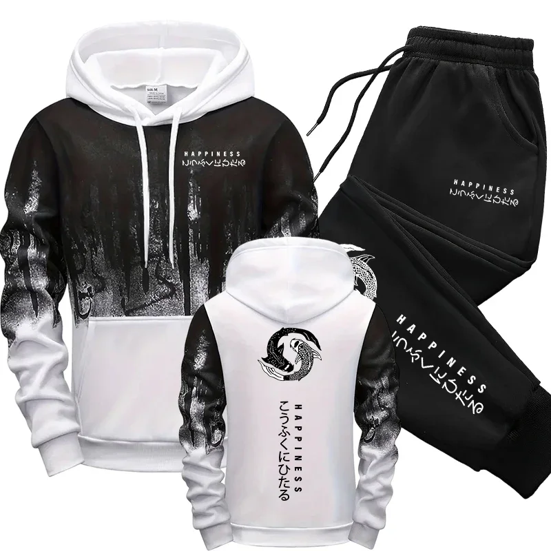 اليابانية موضة الرجال رياضية هوديس Sweatpants 2 قطعة مجموعة الخريف والشتاء اليومية عادية رياضي بدلة عدو الاتجاه الحضري وتتسابق