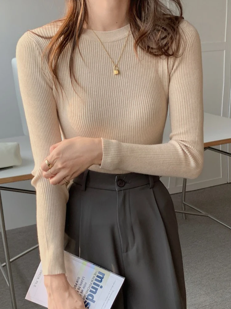 

2025 Women O-neck Solid Knit Slim Pullovers Autumn Winter Chic Casual Basic Sweater Female Long Sleeve Warm Versatile Sweater