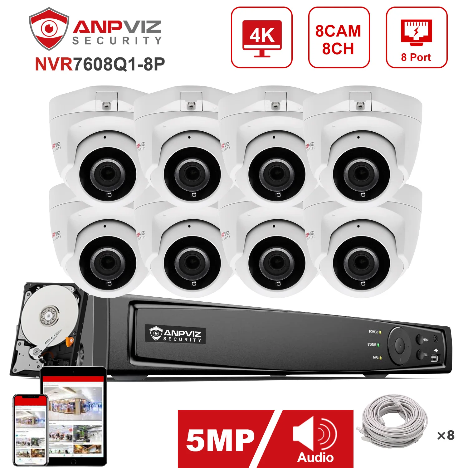 Anpviz NVR 8CH NVR 5MP POE Mini Dome IP Camera System Outdoor CCTV Video Security Surveillance Kit IP66 30m IR New Vision IP66