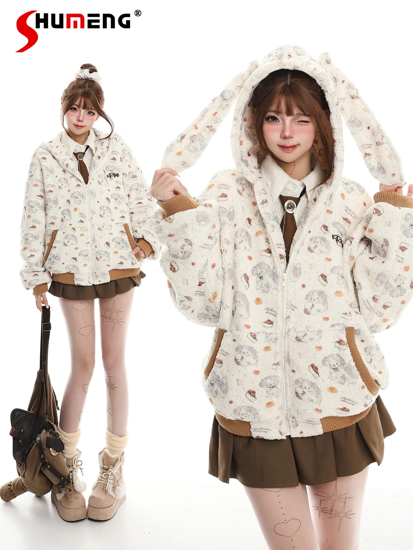 

Sweet Cute Girl Cartoon Print Rabbit Ear Hooded Cotton Coats Lazy Casual Loose Thickened Warm Short Jackets Women Winter Parkas