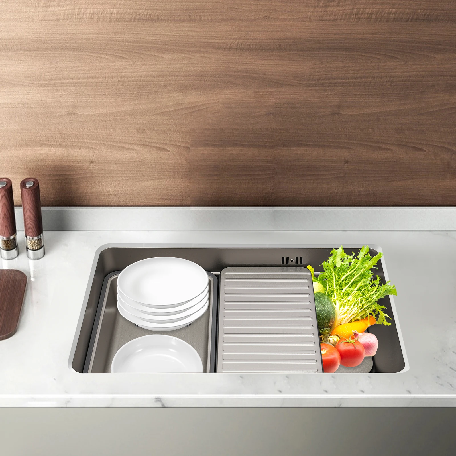 

Grey Stainless Steel Sink with Defrost Board Rectangular Kitchen Modern Kitchen Sink for Clean Fruit Vegetable Pot