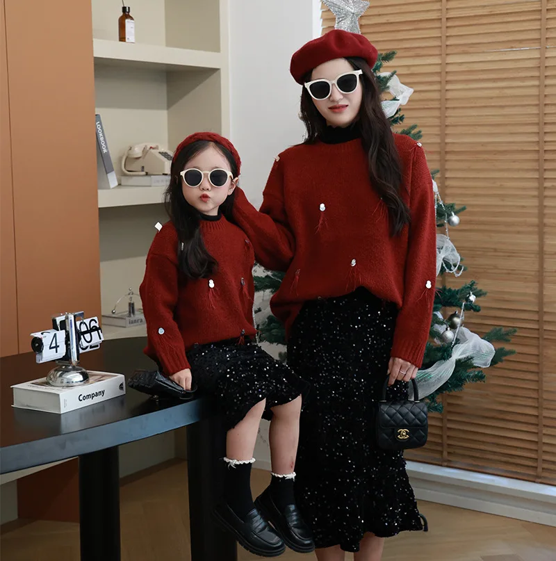 Mother-daughter pullover girl Korean Christmas and New Year Angora red sweater set