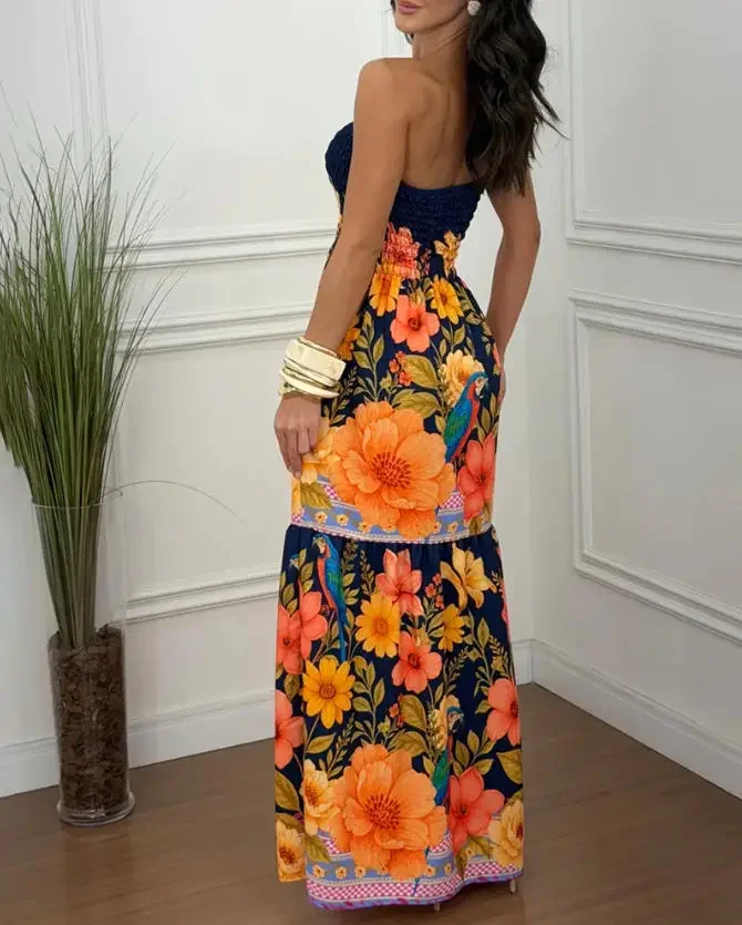 

2026 Summer New Ladies' Fashionable and Elegant Printed Lace Up Long Skirt Shirt with Pleated Edges, Holiday Strapless Dress