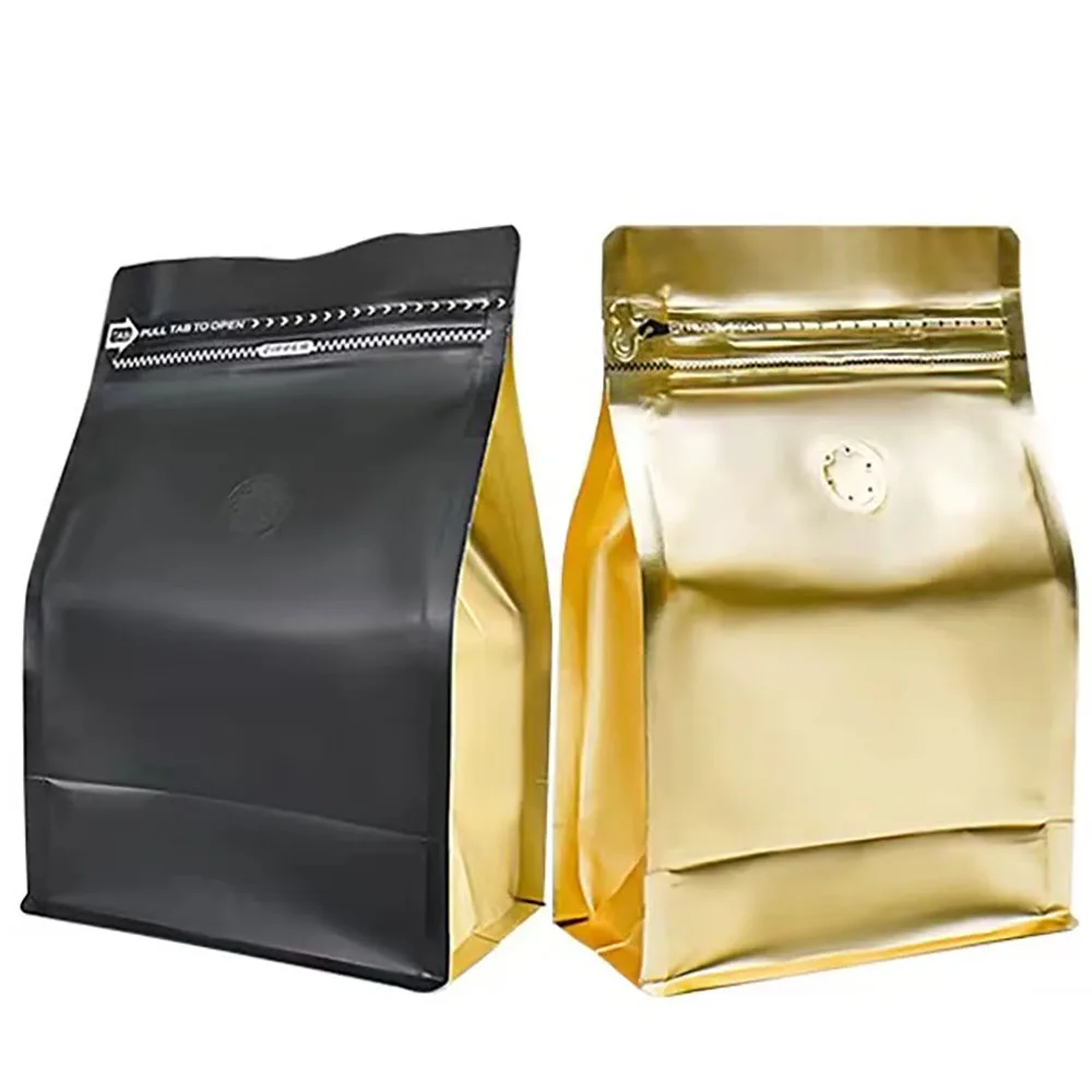 

50pcs Wholesale 250g Plastic Coffee Bean Bags with Zipper Lock 8oz Flat Bottom Foil Design Print and Valve for Food Packaging
