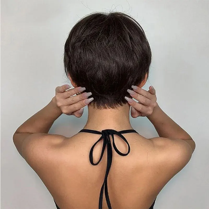 Short Brown Human Hair Pixie Cut Wig for Women