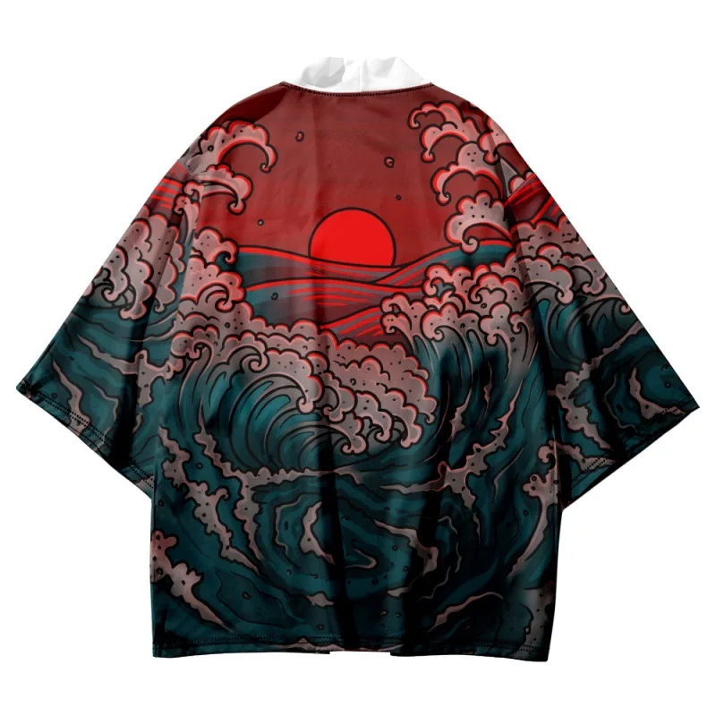 Costume de samouraï, Streetwear Haori asiatique Yukata pour hommes, Cardigan d'été imprimé démon noir, veste et pantalon