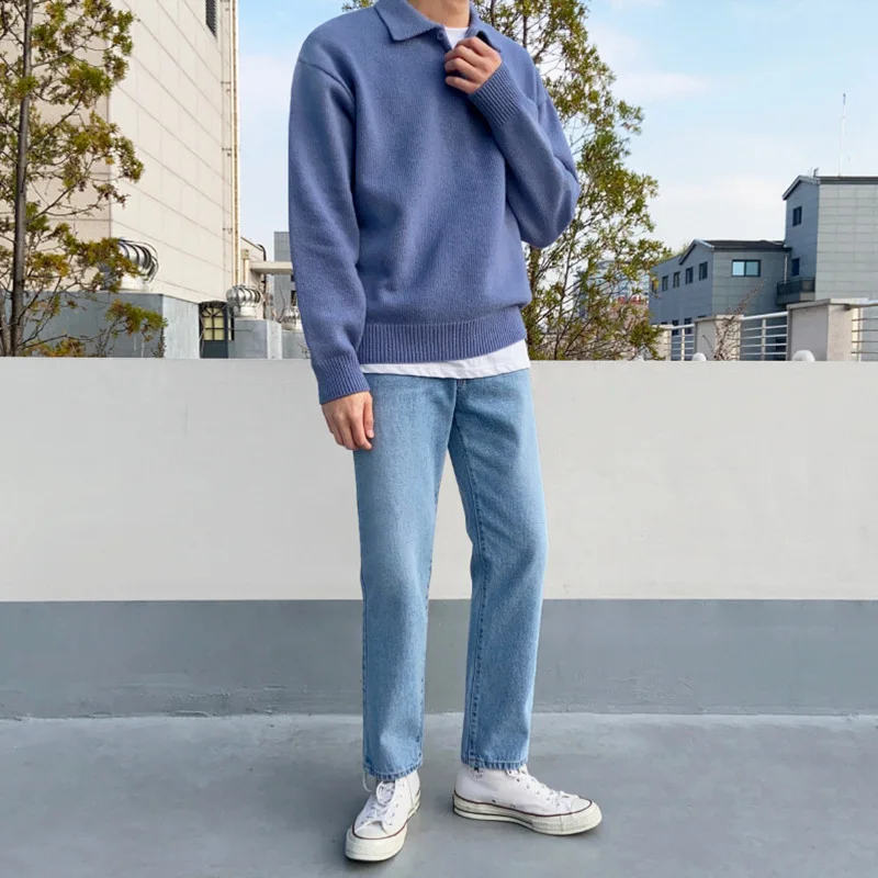 Men's Autumn Winter Trend Lapel Straight Sweater Lazy Polo Collar Knit Jumpers British Style Minimalist Pullover Daily Leisure