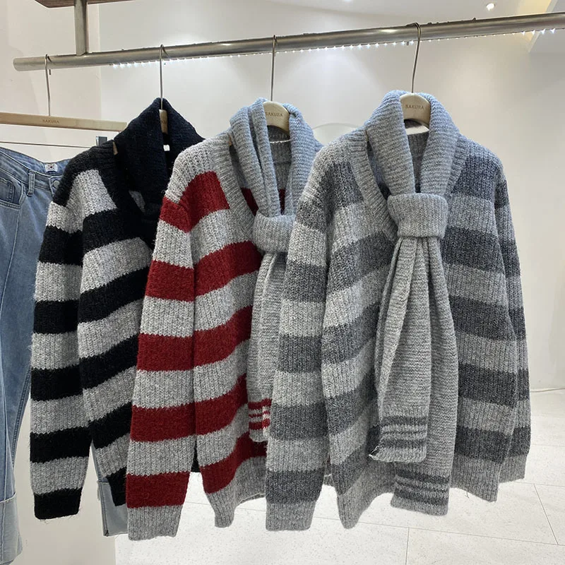 Medium-Length Two-Piece Illusion Striped Loose-Fit Sweater Women's Autumn/Winter New Arrival V-Neck Pullovers