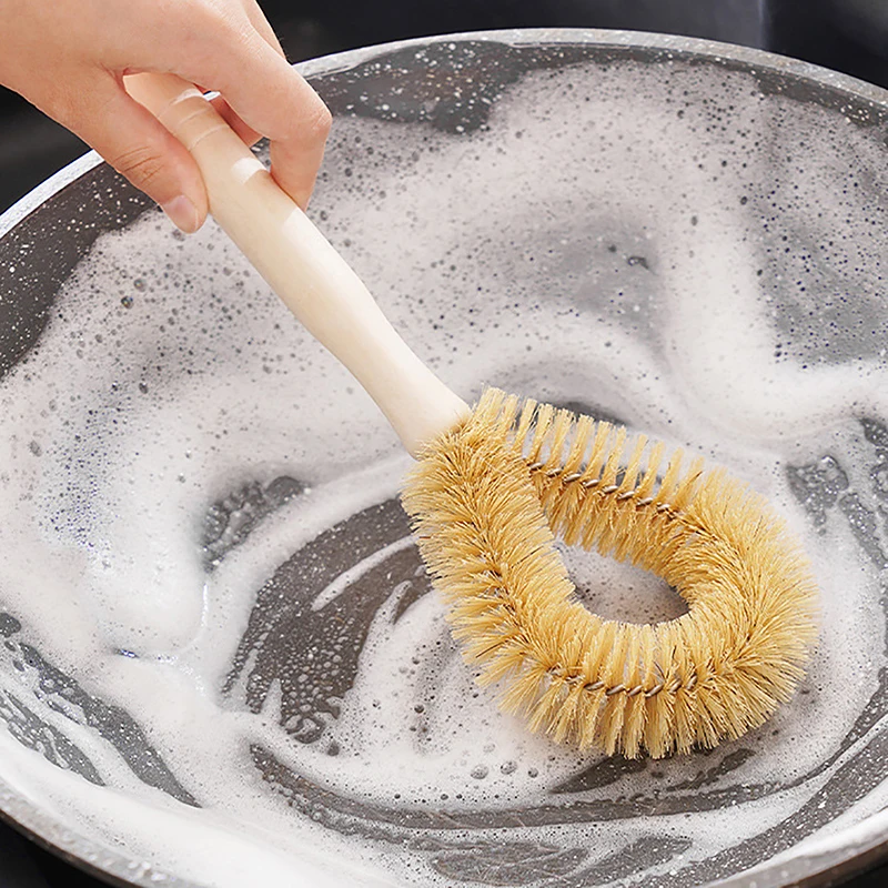 Wajan dapur multifungsi, peralatan dapur sikat pembersih panci pegangan kayu antilengket pembersih panci pencuci piring