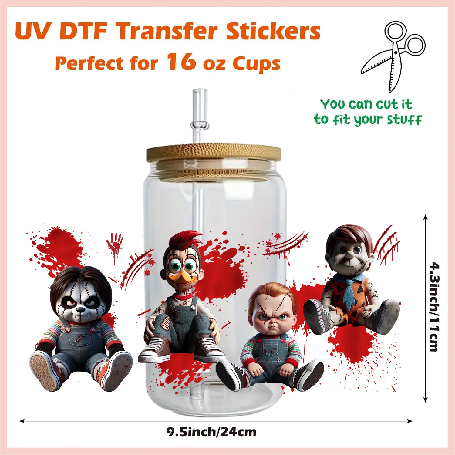 미니소 공포 애니메이션 쉬운 껍질 방수 DIY 데칼, 3D 전송 uvdtf 크리스탈 스티커, 16oz uv dtf 텀블러 컵 랩 스티커