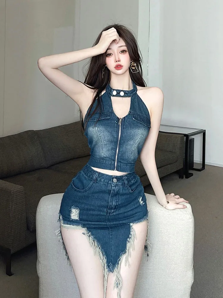 Summer Women\'s Suit Vintage Denim Two Piece Set Halter Backless Sexy Crop Top And Hole Mini Skirt 2 Piece Sets Womens Outfits