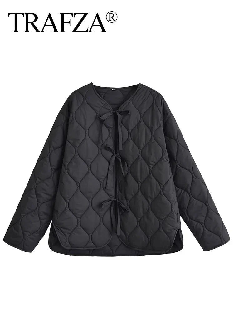 TRAFZA Winter Coat For Women 2024 Quilted Solid Chic Bow Lace Up Cardigan Jacket Woman Wild Streetwear Female Outercoat Top