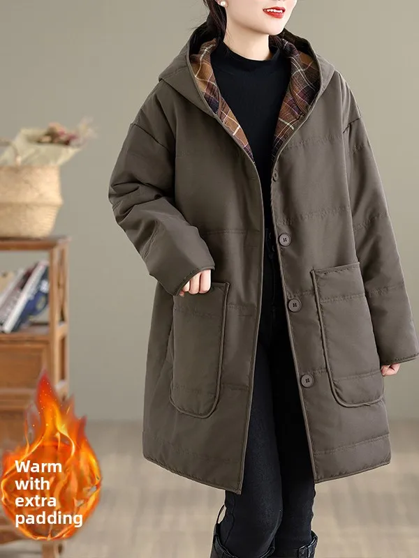 2026 New Women's Loose Fashion Plaid Color Block Hooded Thickened Mid-Length Cotton Jacket Outerwear Commute Style Polyester