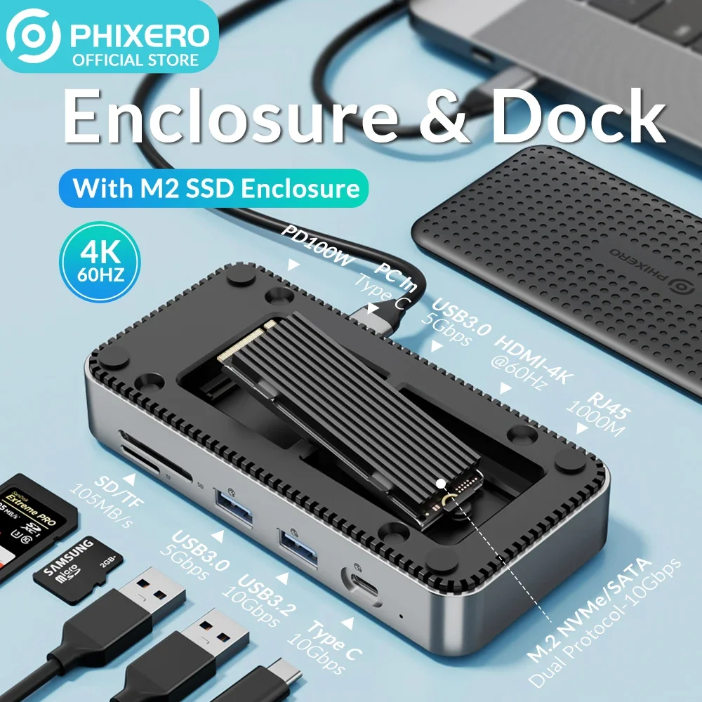 

Док-станция PHIXERO USB C с отсеком для M.2 NVMe SSD, 10 Гбит/с, 4K, 60 Гц HDMI, кардридер, RJ45, 100 Вт PD HUB с охлаждающим вентилятором