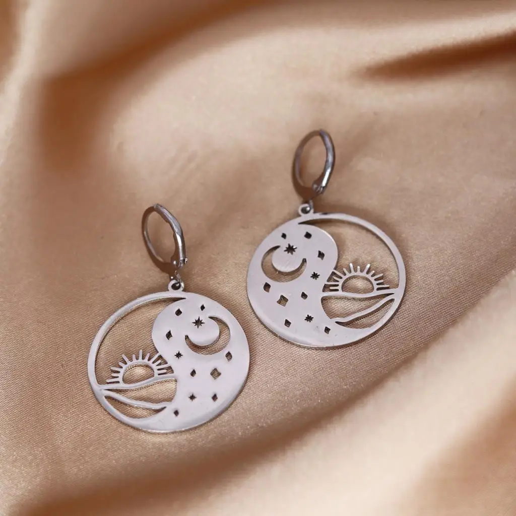 QIAMNI Gossip Yin Yang Tai Chi Hoop Earrings For Women Girls Fashion Beach Wedding Jewelry Unique Star Moon Sun Dangle Earring