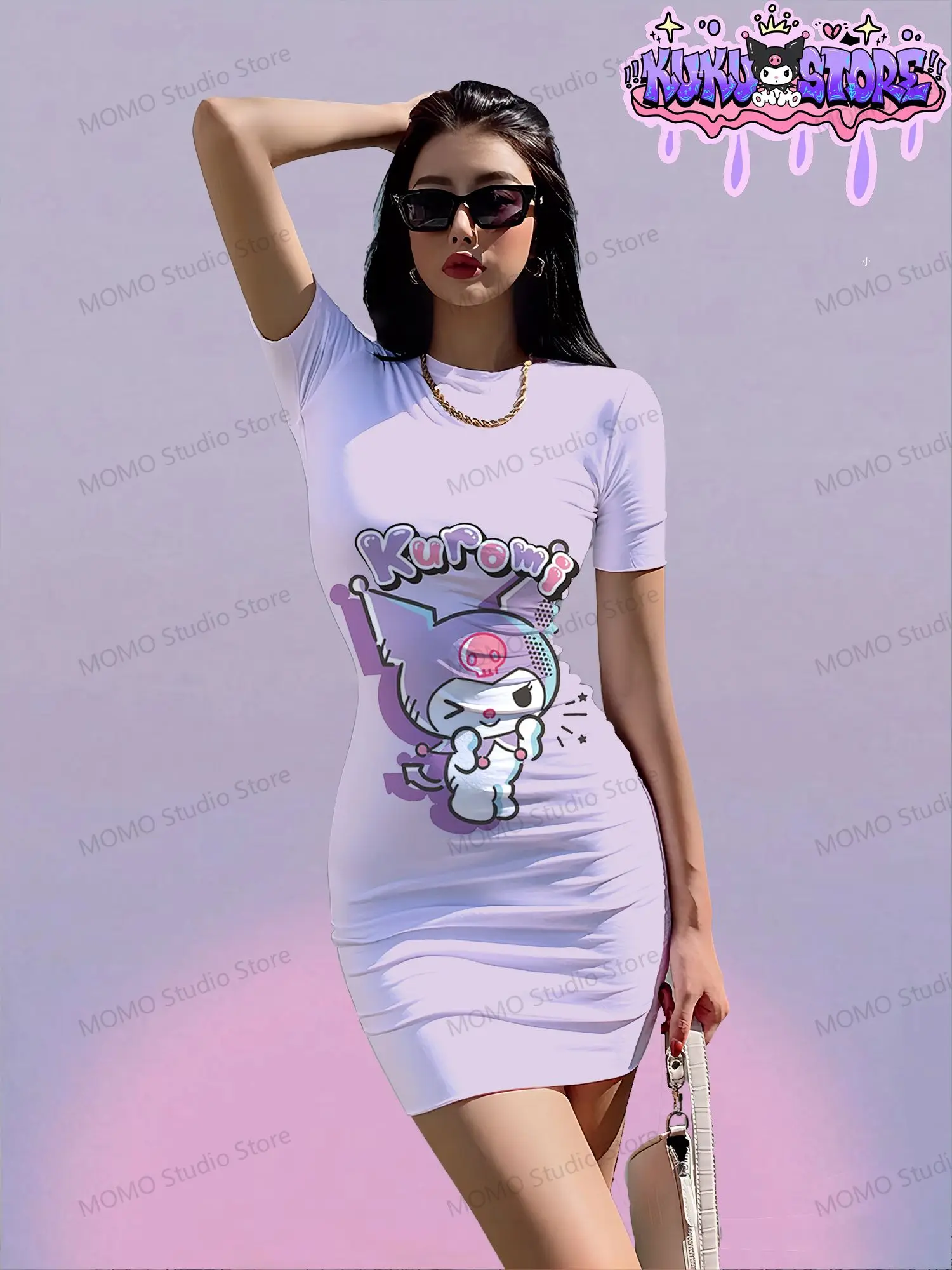 

Kawaii Women's Short Sleeve Hip Dress Kuromi Sexy Dresses S-3XL O Neck Summer Sanrio 2024 Y2k One-piece Fashion New Elegant 2024