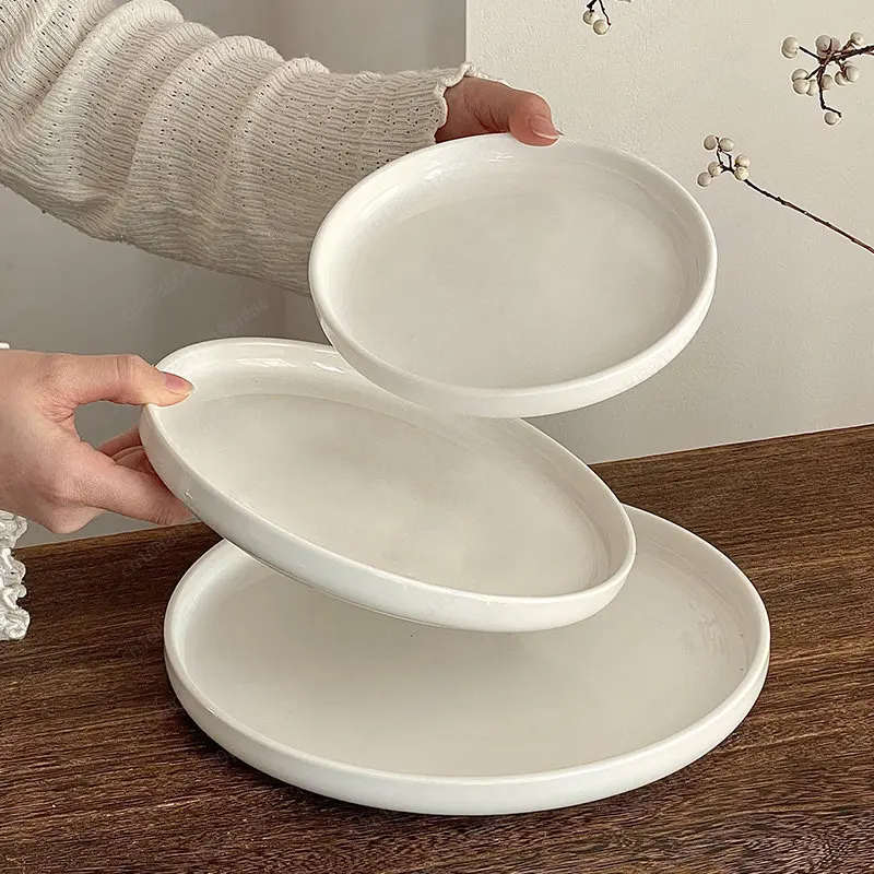 Premium Ceramic Steak Plate, Western Pasta Special Plate, White Round Shallow Fruit Plate