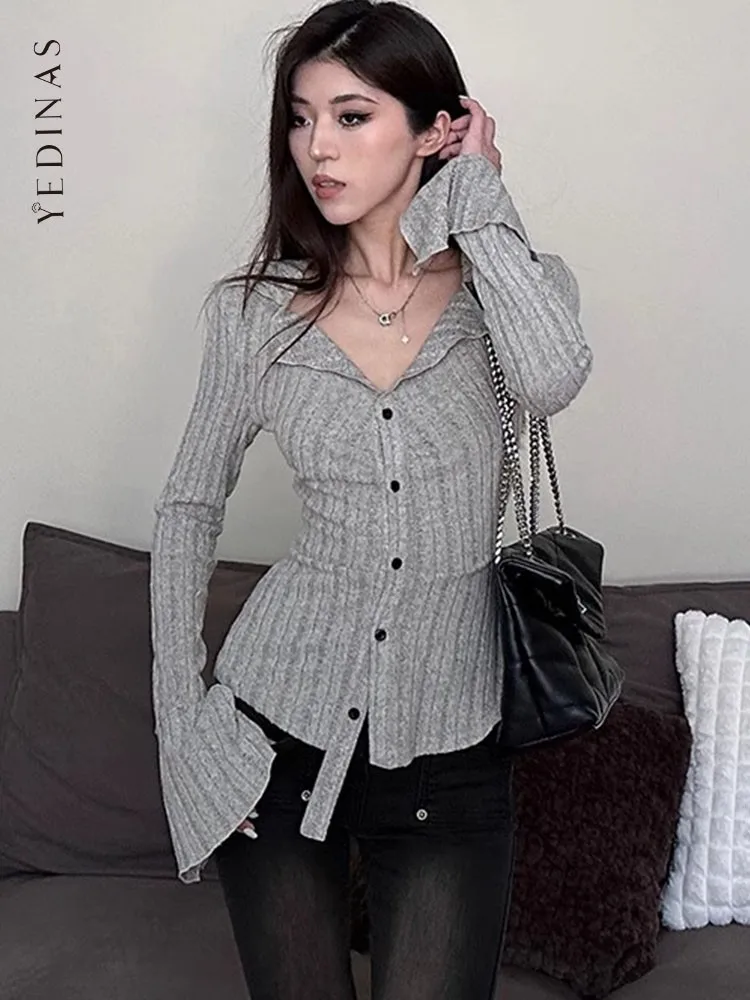 Yedinas Sexy Cardigan T Shirt Women Clothes Long Sleeve Korean Fashion 2023 Autumn Spring Turn-down Collar Slim Tee Shirt Femme