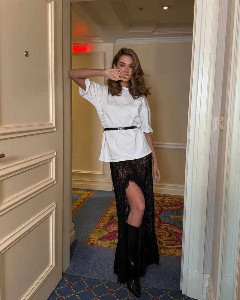 Women's Elegant Asymmetrical Lace Long Skirt with Floral Ruffles Transparent Summer 2025 Stylish Outfit for Holiday with Slit