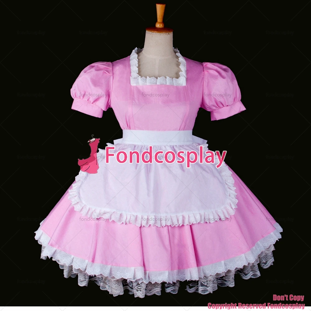 

fondcosplay adult sexy cross dressing sissy maid short Lockable Uniform Pink Cotton Dress white apron Costume Custom-made[G770]