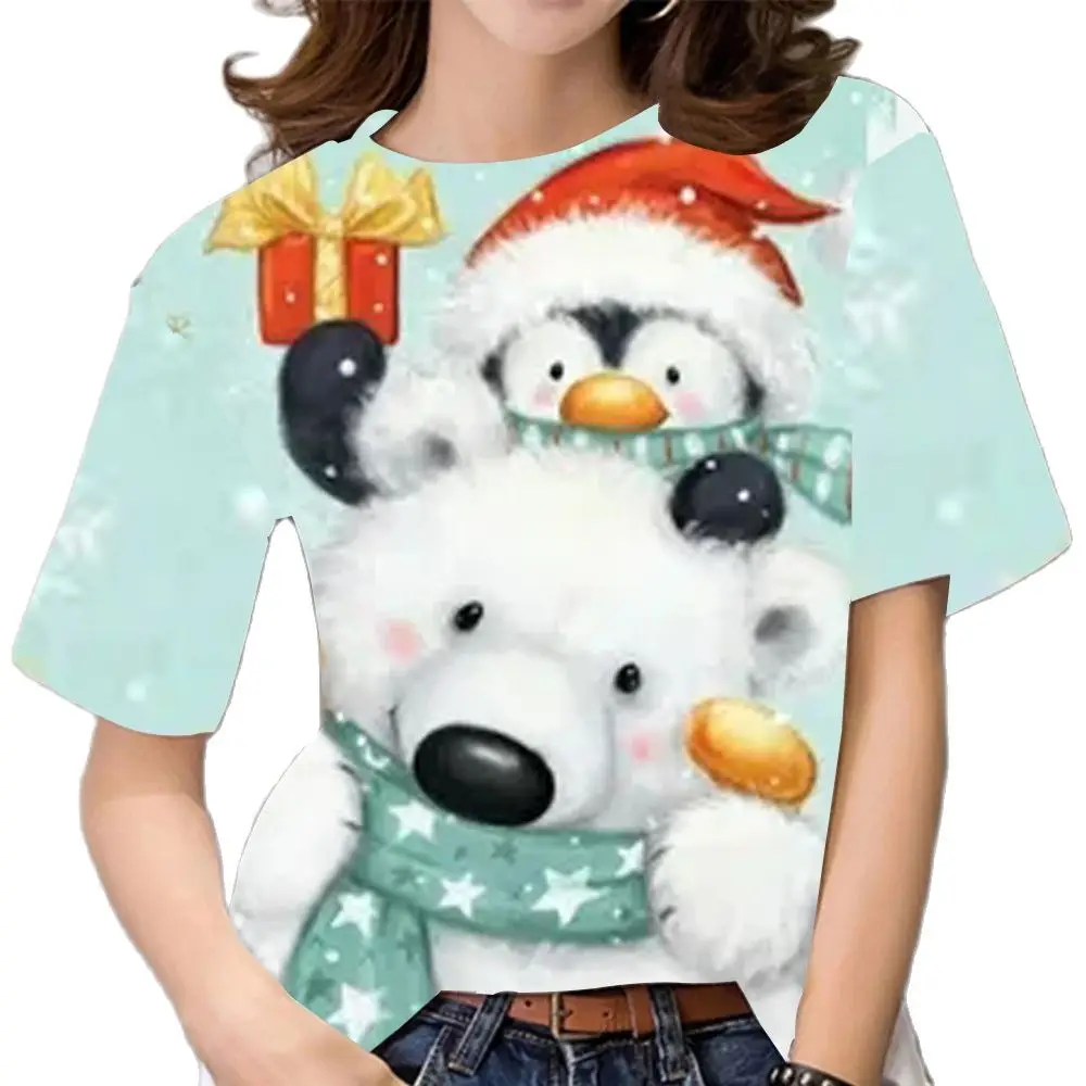 2024 Women Christmas T Shirt 3d Crew Neck Girls Short Sleeve Tops Korea Fashion Ladies Xmas T-shirts Oversized Womens Clothing