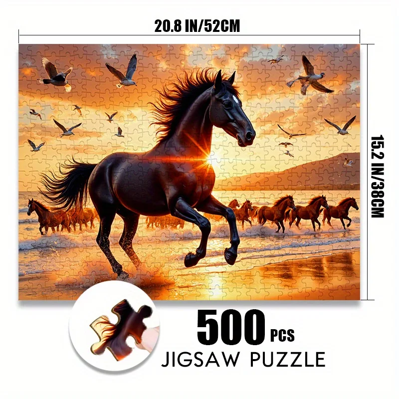 จิ๊กซอว์กระดาษ 500/1000 ชิ้น: ชายฝั่งพระอาทิตย์ตกดิน พร้อมม้าวิ่งและนกนางนวล เกมสำหรับผู้ใหญ่ ของเล่นจิ๊กซอว์ขนาดใหญ่ ของขวัญสำหรับครอบครัว เล่นแบบอินเทอร์แอคทีฟ