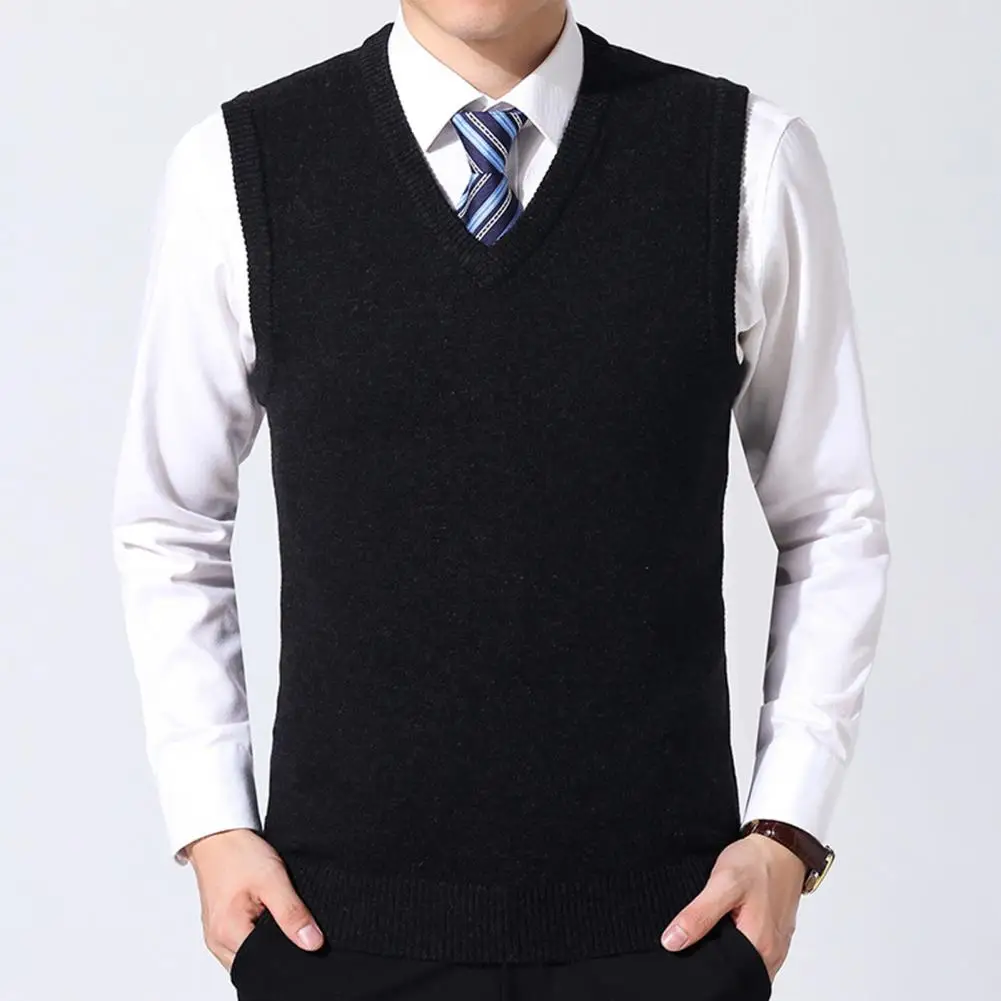 High Quality Men Sweater Vest Solid V Neck Sleeveless Anti Pilling Knitwear Autumn Winter Ribbed Bottom Waistcoat Streetwear