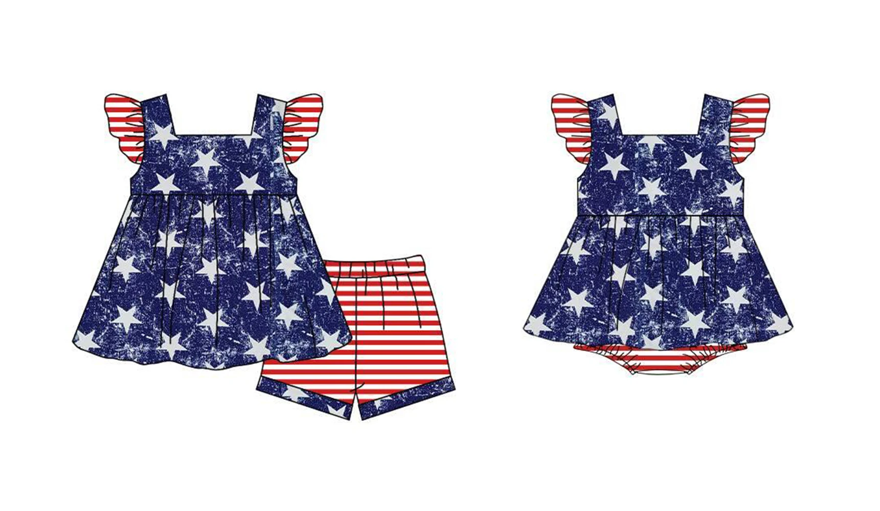 New design children's clothing 7.4 Independence Day clothing baby girl suit five-pointed star print milk silk fabric summer bout