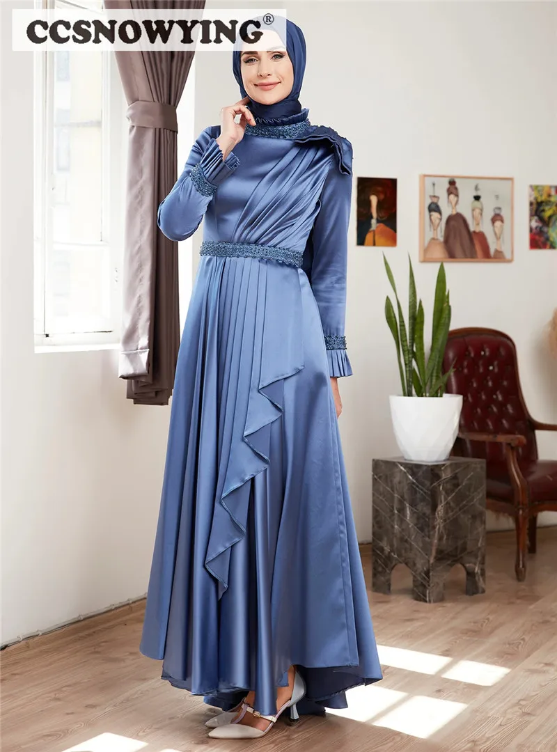 Glossy Satin Muslim Evening Dresses Long Sleeve Hijab Prom Formal Party Gowns Beaded High Neck Arabic Dubai Robe De Soiree