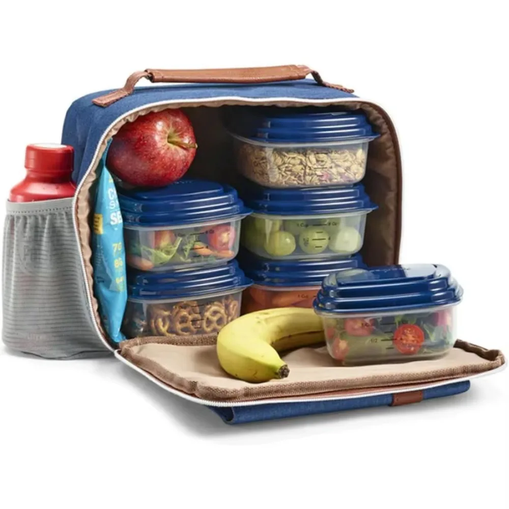 측면 및 전면 포켓이 있는 보온 도시락 가방, 6피스 누수 방지 용기 세트, 사무실 출퇴근 여행 야외용