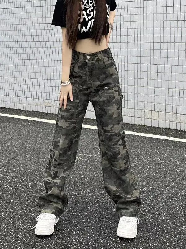 

Камуфляжная рабочая одежда в стиле ретро, джинсы, женские свободные прямые брюки с высокой талией, длинные брюки, осеннее новое поступление