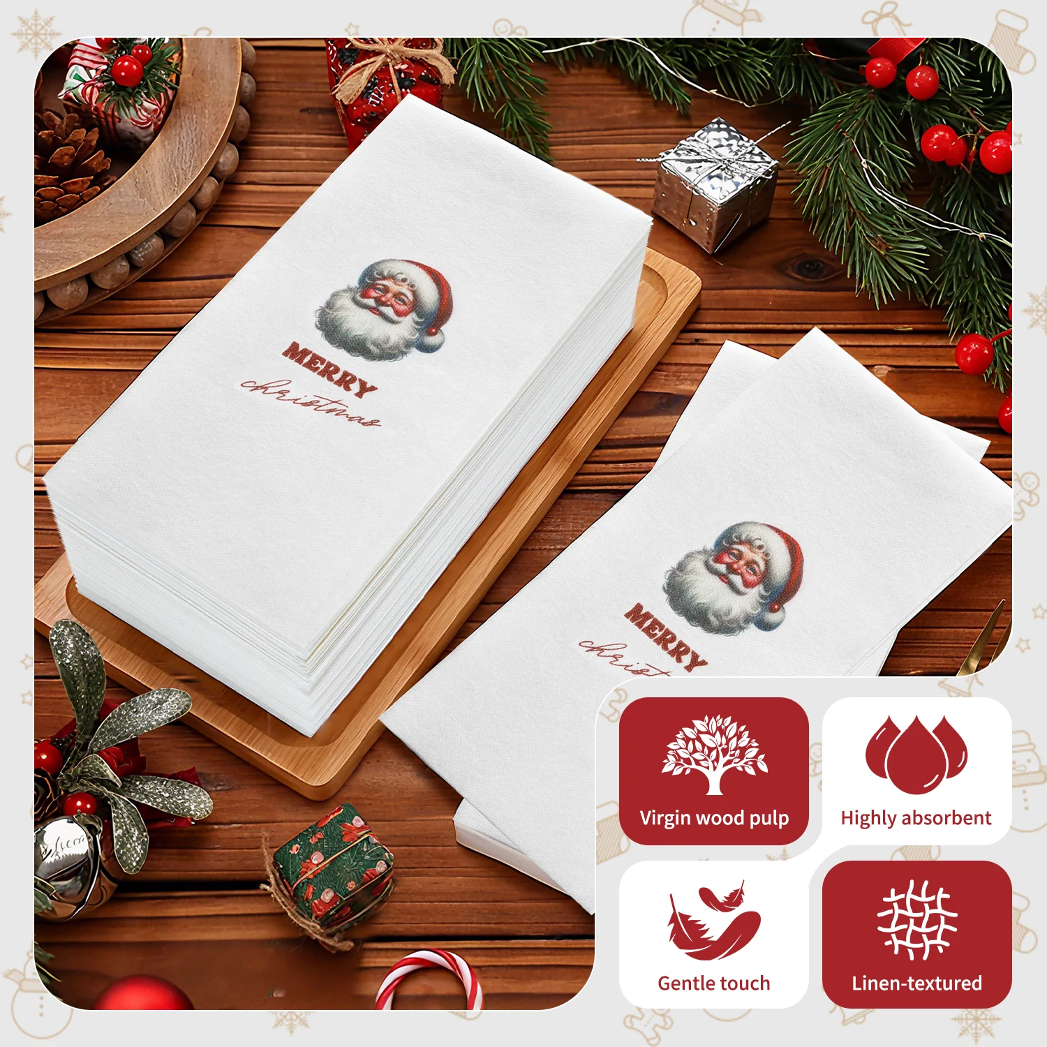 JINYUDOME Santa Design Christmas Paper Napkins - Linen Feel Napkins for Holiday Dinner And Christmas Party