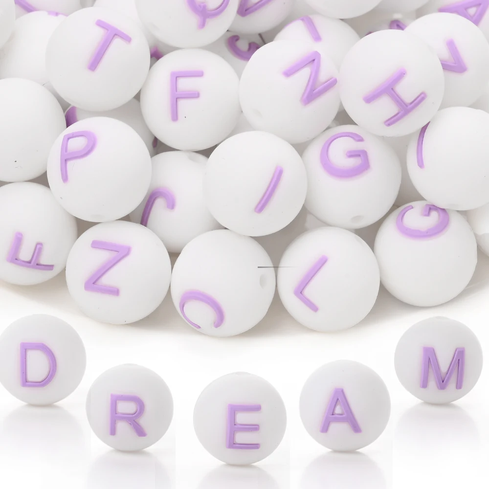 10Pcs 15mm Silicone Alphabet Beads Light Purple Round Letter A-Z Beads for DIY Baby Pacifier Chain Dummy Holder Bracelet Chew