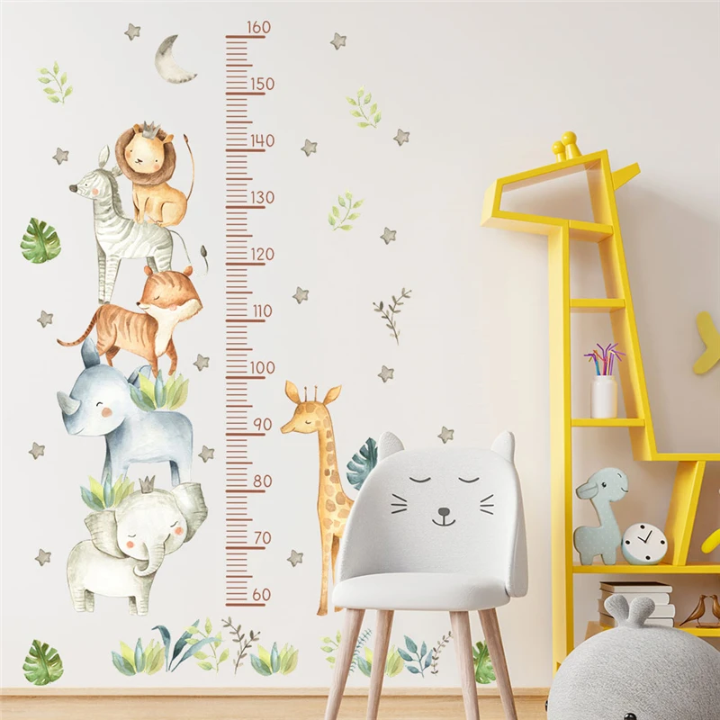 

Growth With Animals Wall Stickers For Kids Room Decoration Cartoon Lion Elephant Fox Rhino Mural Art Diy Home Decals Pvc Poster