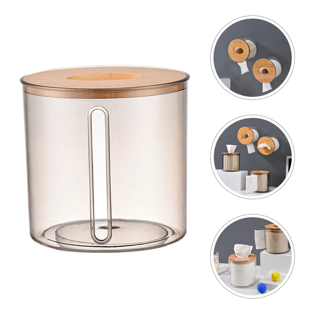 

1PC Round Bamboo Lid Paper Towel Storage Box Clear Tissue Box Napkin Dispenser for Living Room Office Bedroom Household Storage