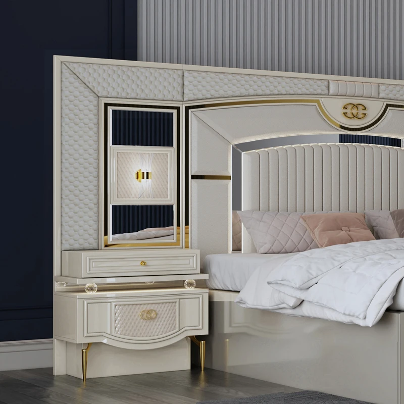 &Luxury Leather Double Master Room King Size Bed Set Home Villa Full Wooden MDF Queen Modern Bedroom Furniture Set